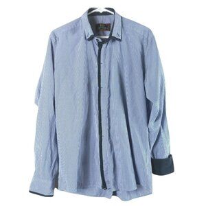 Gingham Plaid Shirt Mens XL Blue White Button Up Flip Cuff Preppy Coastal Casual